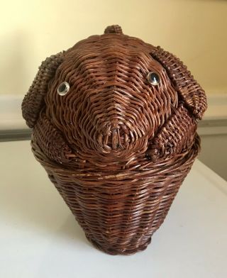 Vintage Wicker Rattan Dog Basket With Button Eyes 2