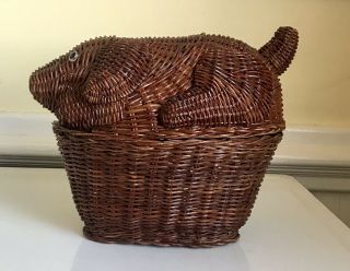 Vintage Wicker Rattan Dog Basket With Button Eyes 4