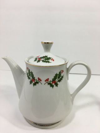 Holly Berry Christmas Holiday Green/red Gold Tea Pot Japan Fine Porcelain 7”
