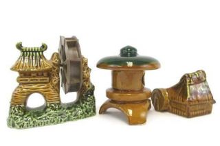 Set of 3 Minature Water Wheel Ceramics Vintage Enesco Made in Japan Brown Green 4