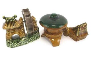 Set of 3 Minature Water Wheel Ceramics Vintage Enesco Made in Japan Brown Green 5