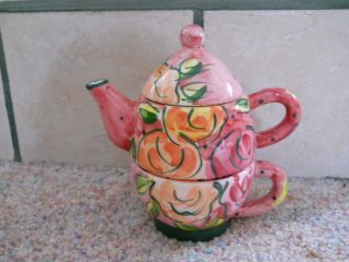 3 Piece Bella Casa By Ganz Stacking Teapot With Lid & Teacup - Fruit Design