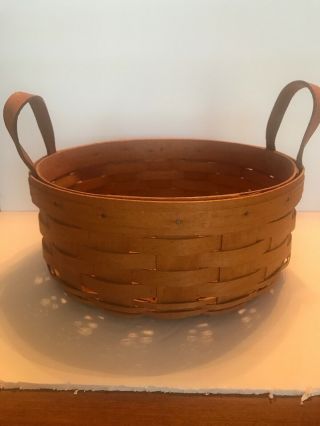 Longaberger Darning Handwoven Basket Circular With Leather Handles Circa 1993