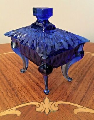 Vintage Cobalt Blue Glass Trinket Box Dish With Queen Anne Legs & Lid