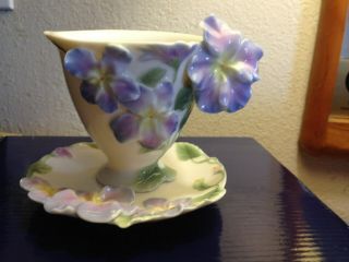 Franz Porcelain Pansy Flower Sculptured Cup Saucer Set Retail $139