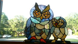 Stained Glass 2 Owls Suncatcher Or Ornament - Window Art - Home Decor