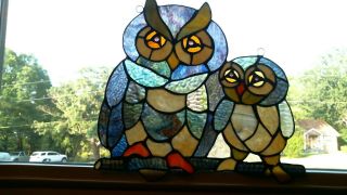 stained glass 2 OWLS suncatcher or ornament - window art - home decor 2