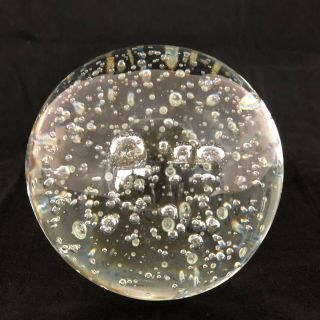 Heavy Round Clear Glass Paperweight With Controlled Bubbles