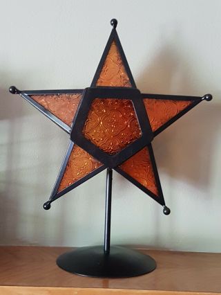 Modern Decor Amber Stained Glass Black Metal 5 Point Star Tealight Candle Holder