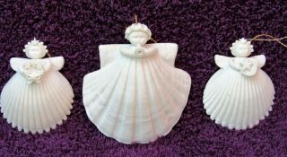 3 Vtg Margaret Furlong Porcelain Shell Ornaments 3 " Trumpeter 2 " Star & Wreath