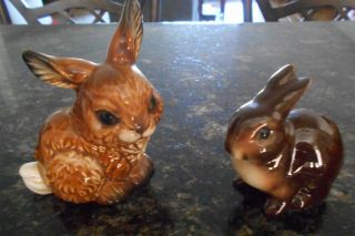 Two Vintage Goebel Brown Rabbits Figurines W.  Germany W.  Stickers 3 " & 3&3/4 "