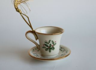 Lenox Miniature Holly And Berry Holiday Tea Cup And Saucer Ornament