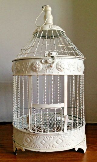 Vintage White Painted Metal Bird Cage Shabby Cottage Chic Hang Or Place On Table