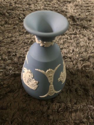 Wedgwood Blue Jasperware Small Bud Vase,  Greek Cameos And Cherubs