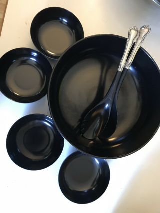 Vintage Towle Black Melamine Sterling Mounted Bowl 2 Serving Spoons 4 Bowls