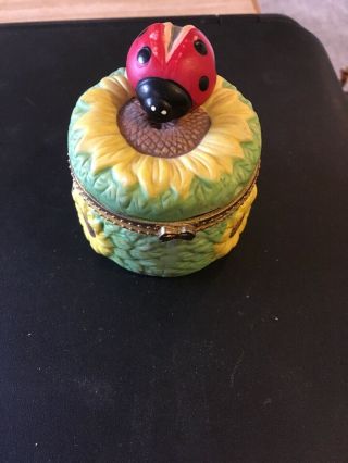 Vintage Ceramic Mini Trinket Box: Ladybug And Sunflowers 2 - 3/4 " X 2 - 1/2 "