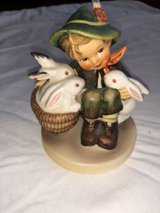 Goebel Hummel Figurine " Playmates " 58/0 Boy Holding 3 White Rabbits