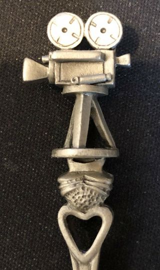 3d Movie Camera (top) Hollywood,  Ca (bowl) On Pewter Souvenir Spoon - Pre - Owned