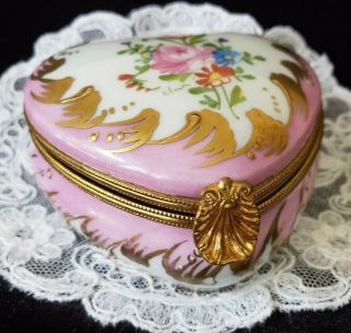 Vintage Limoges Porcelain Trinket Large Heart Hinged Box Pink W/flowers
