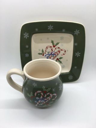 Longaberger Holidy Pottery All The Trimmings Desert Plate And Mug Candy Canes