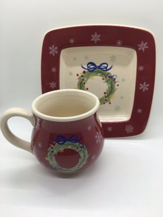 Longaberger Holiday Pottery All The Trimmings Desert Plate And Mug Wreath Red
