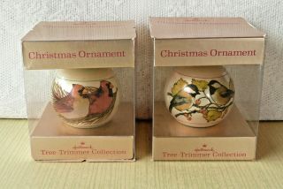 2 Hallmark Glass Ball Ornaments " 1976 Birds Of Winter " Chickadee & Cardinal