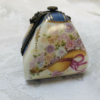 Limoges France Vintage Porcelain Purse Chain Trinket Box Pill Box Hat Flowers