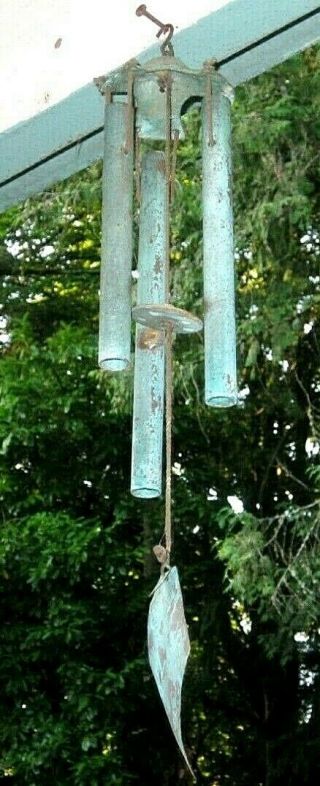Vintage Verde Green Solid Bronze Walter Lamb Era Wind Chime 16.  5 " L With Tubes