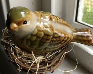 Bird Ceramic Chubby Sparrow Glazed Figurine In Nest