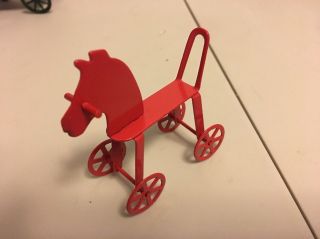 Vintage Red Metal Miniature Rolling Rocking Horse On Wheels Dollhouse Cute Small