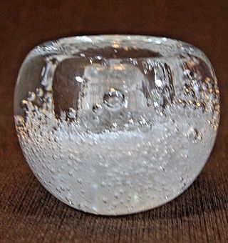 Art Glass Paperweight Tea Light Votive Candle Holder Clear Bubble Glass Heavy