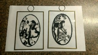 Wall Window Hanging Glass Plaques Birds Black Bras Framed Vintage Pair