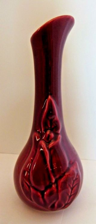Vintage 7.  5 " Tall Wine Burgundy Maroon Color Ceramic Vase With Rose Design