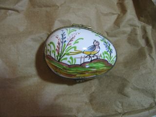 Egg Shaped Decor Main France Painted Bird Singing In Garden Hinged Trinket Box