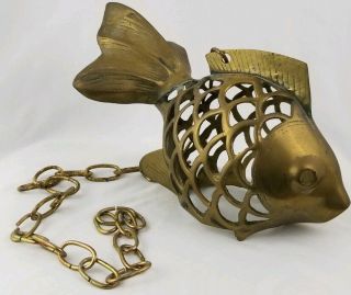 Vintage Solid Brass Goldfish Fish Lantern Candle Holder Coastal Nautical Decor