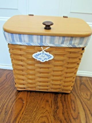 Longaberger Mail Basket With Lid,  Leather Hinges,  Protector And Tie On