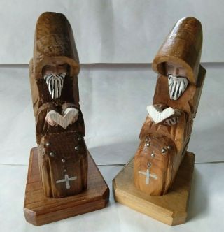Vintage Wood Bookends,  Monks Reading The Bible