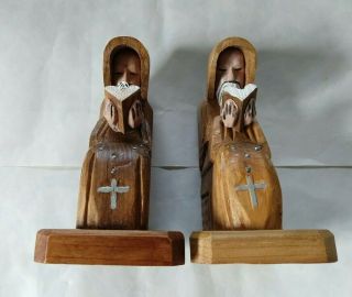 Vintage Wood Bookends,  Monks Reading the Bible 8
