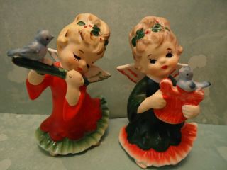 Vintage Set Lefton China Christmas Angels W/ Flute & Harp Figurines Bluebirds