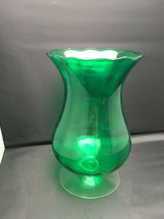 Large Vintage Emerald Green Glass Vase W Clear Stem Scalloped Rim Flashed On 10 "