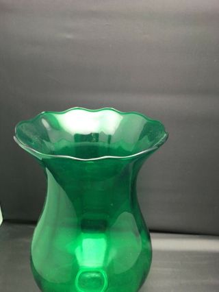 Large Vintage Emerald Green Glass Vase w Clear Stem Scalloped Rim Flashed On 10 