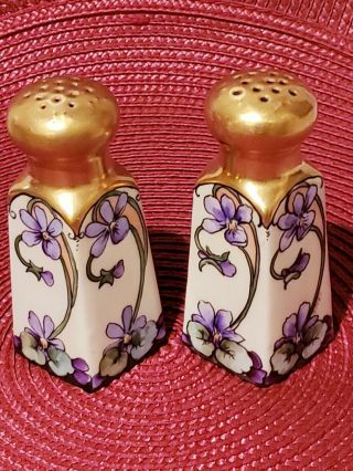 Art Nouveau Bavaria Hand Painted Salt & Pepper Shaker Signed Purple Violets Gold