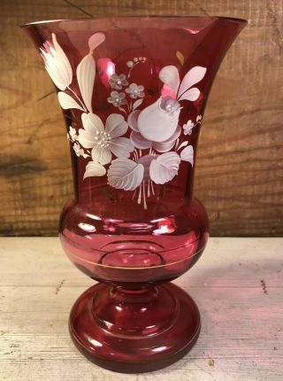 Vintage Cranberry Glass Vase With Hand Painted Flowers & Gold Accents