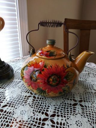 Sunflower Teapot Ceramic With Weathered Metal Handle Shabby Chic
