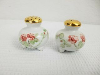 Vintage Salt And Pepper Shakers White W/ Painted Flowers Gold Top Footed Signed