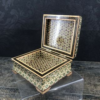 Vintage Khatam Persian Inlaid Wooden 5” Trinket Box Wood Inlay Marquetry Desk