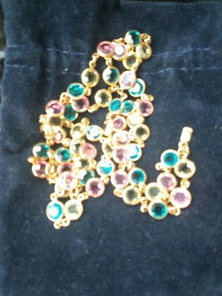 Swarovski Signed Gold Tone Multi - Colored Crystals Necklace Yellow Aqua Pink Bag