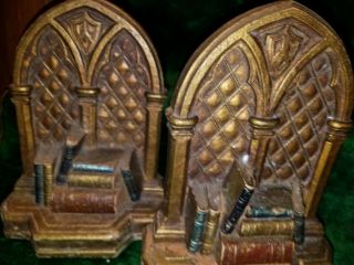 Vintage Syroco Wood Bookends,  Gold Painted Cathedral Window And Colorful Books
