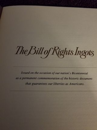 1975 Franklin Bill Of Rights 5,  000 Grains Bronze Ingots Set Plaque Book 5