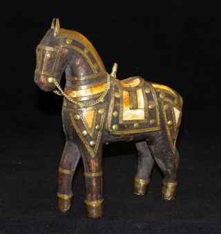 Wooden And Brass Horse Figurine With Shell Inlay 8 " Tall Horse Figurine
